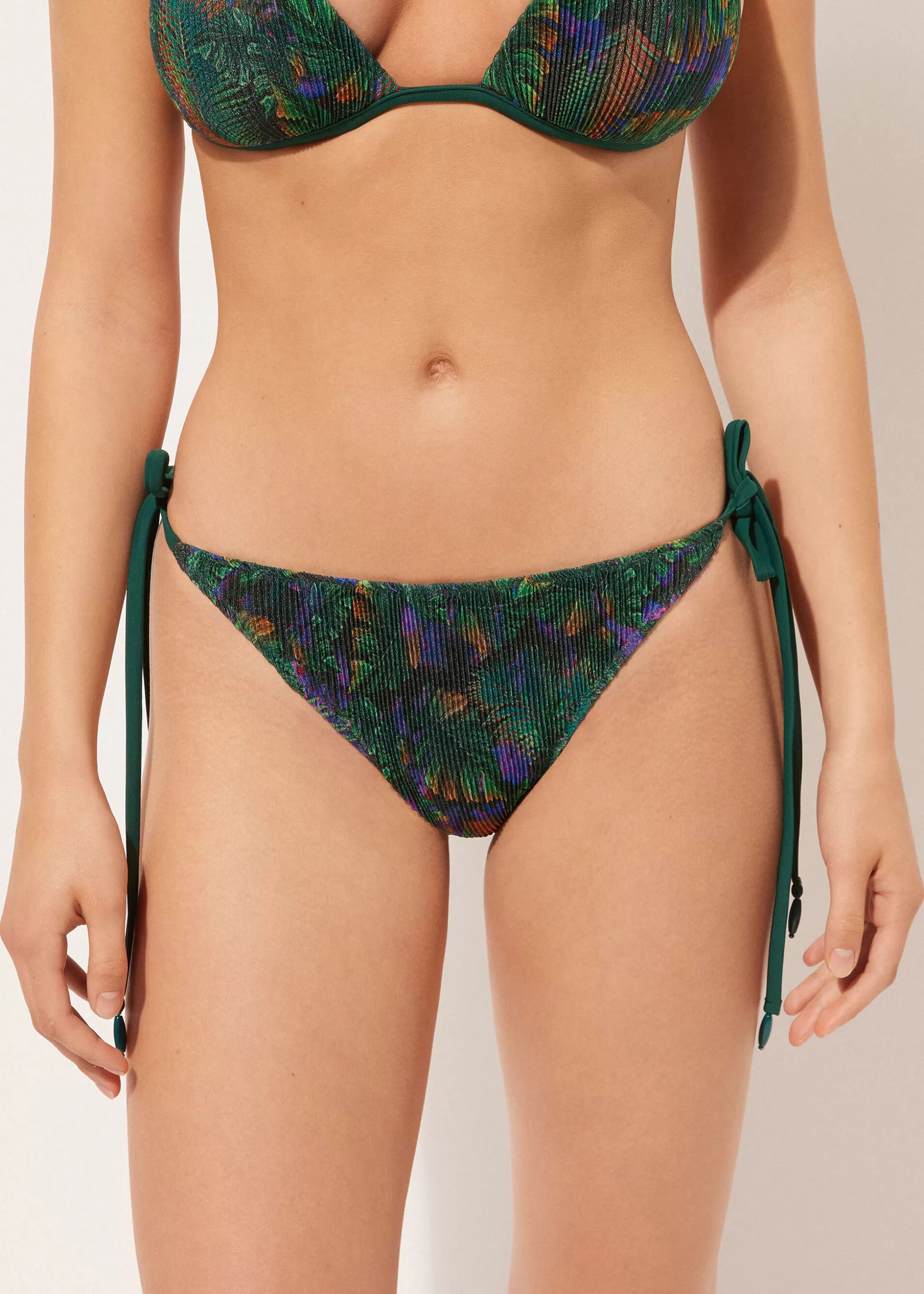 Bikini | Braguitas Bikini-Calzedonia Bikini Braguita Clásica Cordones Night Foliage Estampadofollajeoscuroplisado