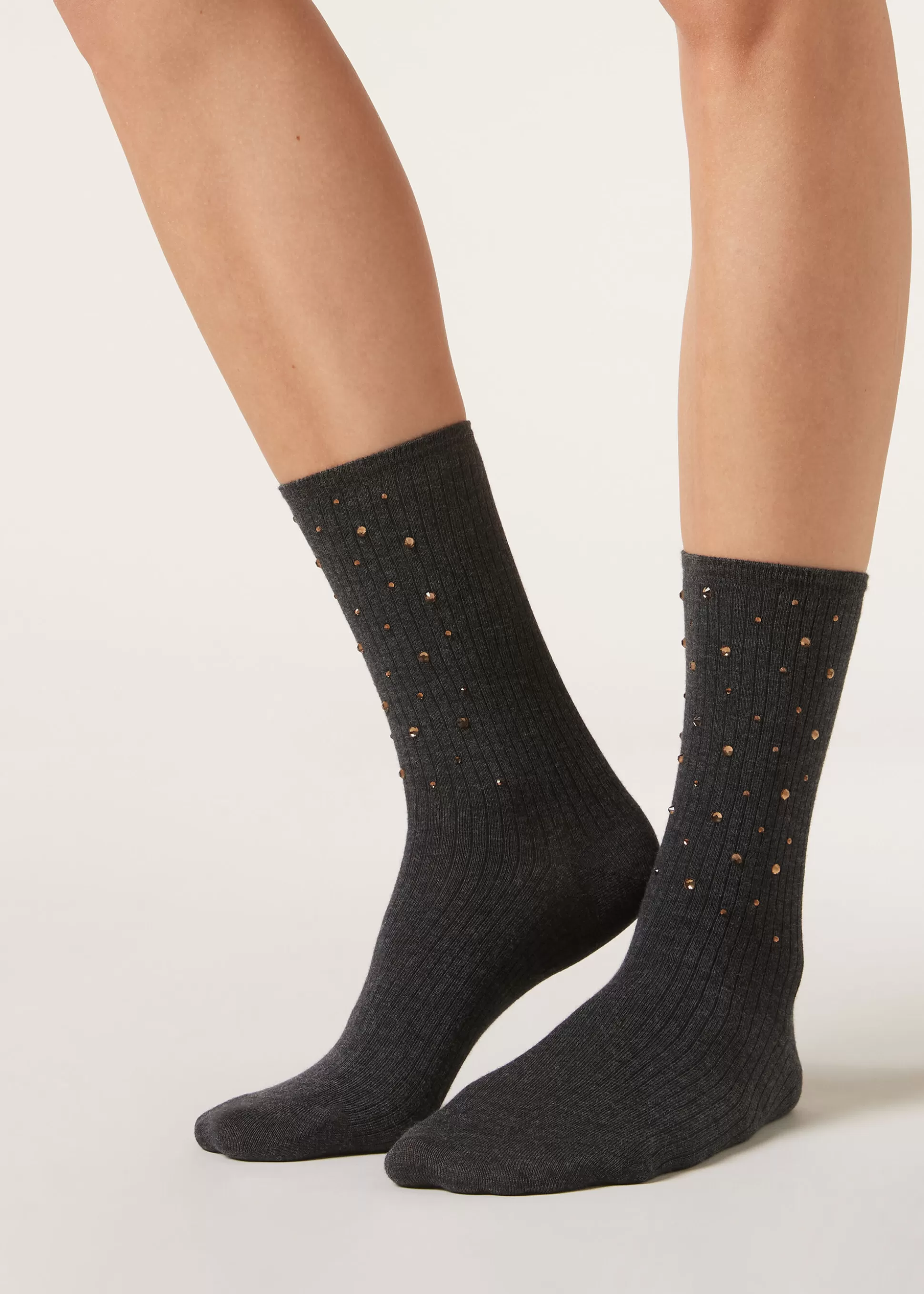 Calcetines Cortos-Calzedonia Calcetines Algodón Canalé Con Strass Mezcladegrisantracita