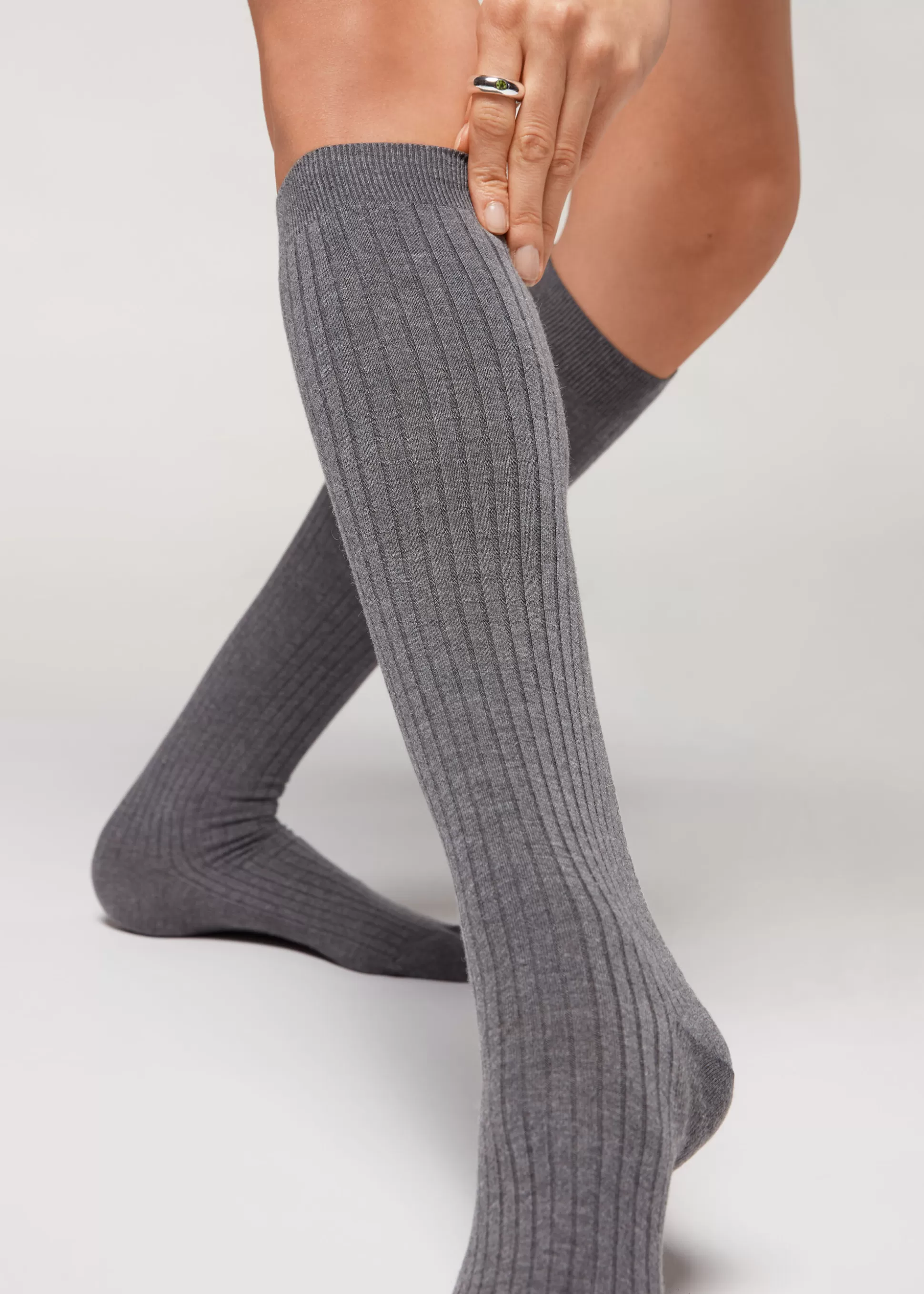 Calcetines Largos-Calzedonia Calcetines Largos De Canalé  Con Cashmere Grismediojaspeado