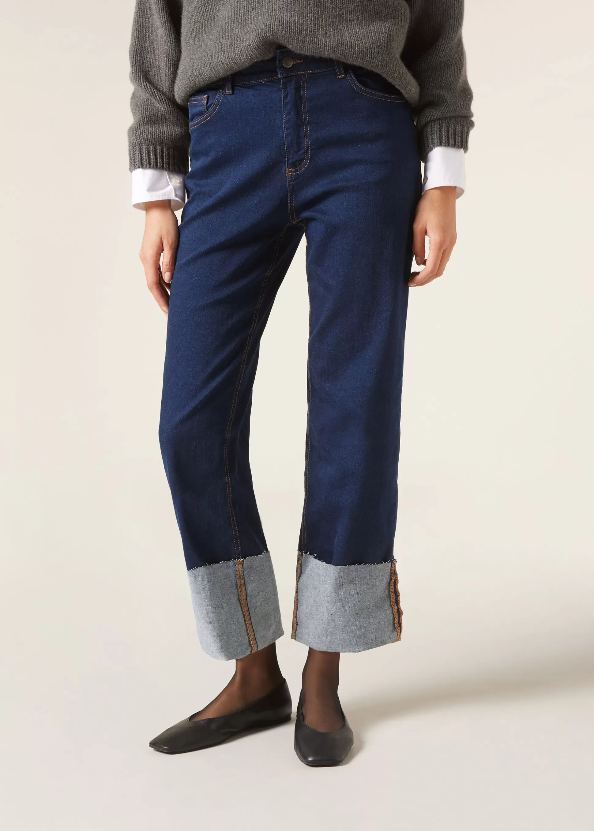 Vaqueros-Calzedonia Pantalón Culotte Denim Vuelta Bajo Azulvaquerooscuro