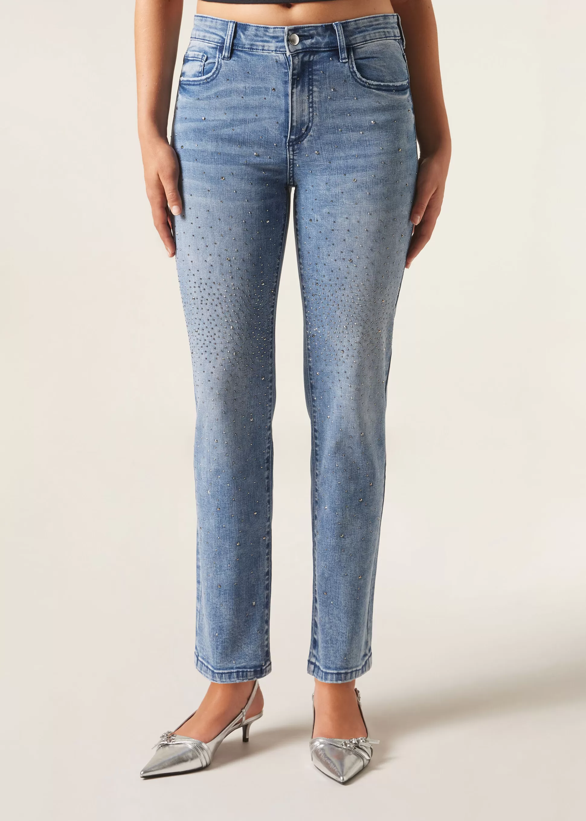 Vaqueros-Calzedonia Pantalón Recto Denim Con Strass Azulvaqueroclaro