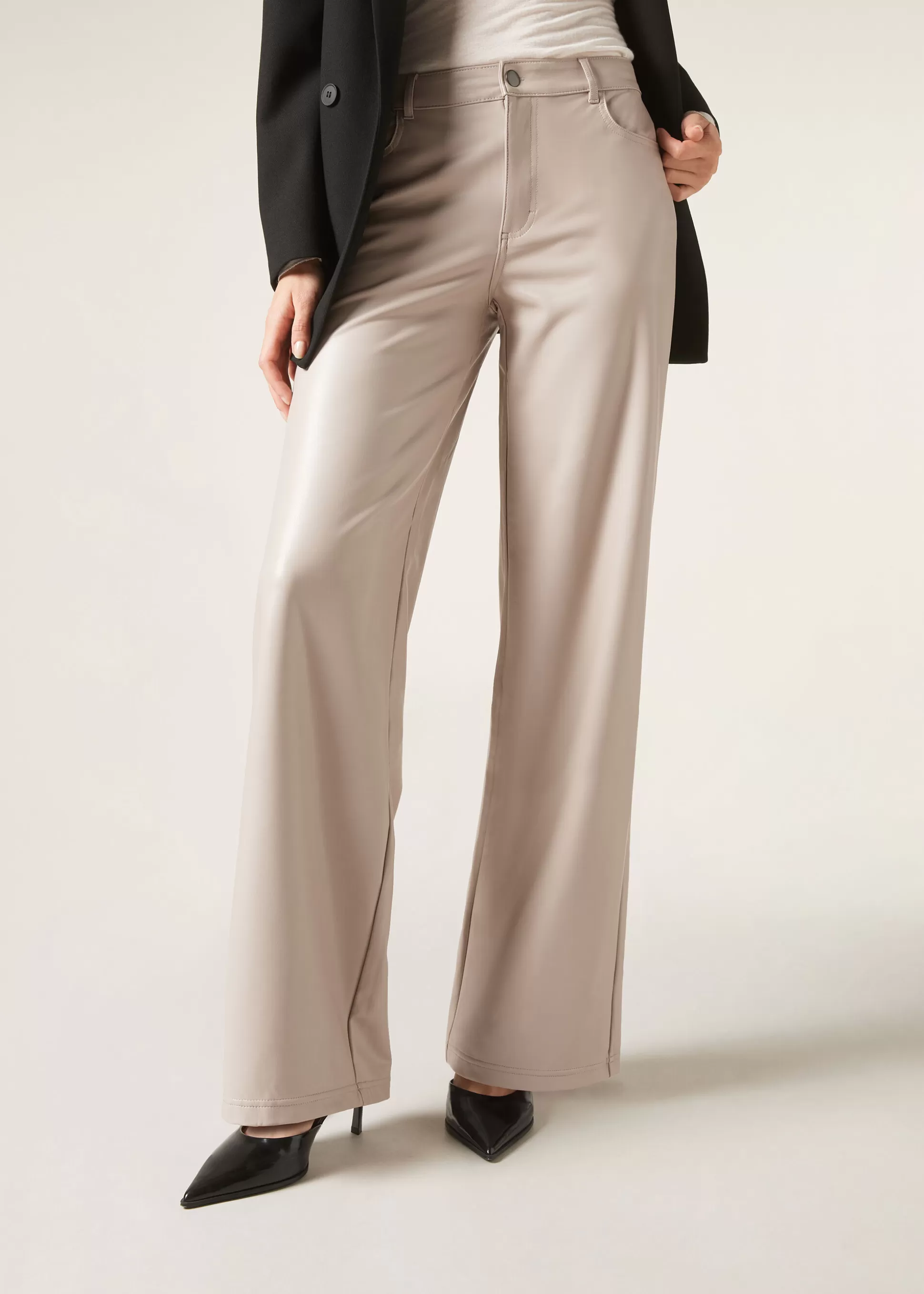 Pantalones-Calzedonia Pantalón Recto Efecto Piel Con Pinzas Grisperla