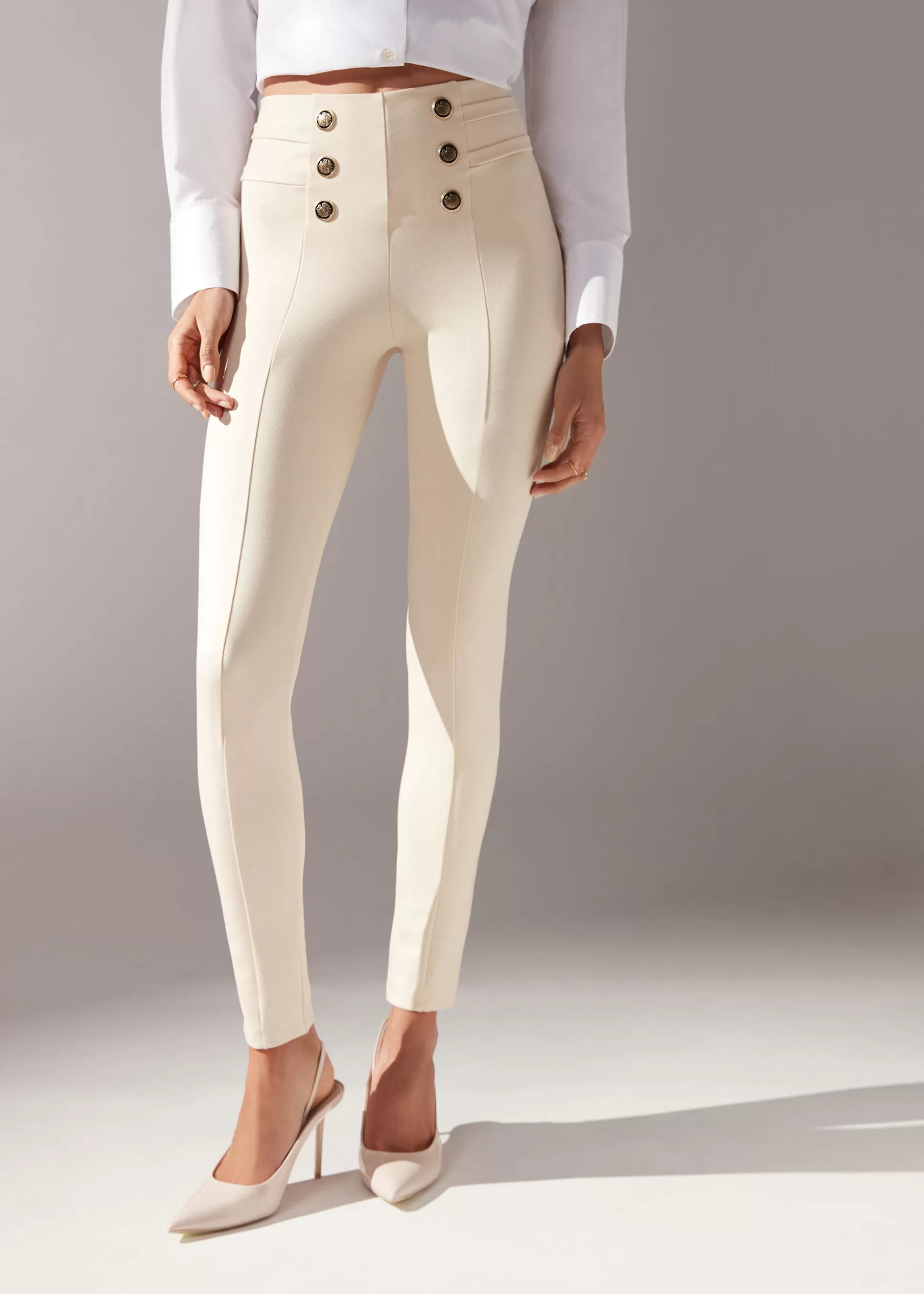 Pantalones | Leggings-Calzedonia Pantalón Sailor Efecto Shapping Con Detalle Botones Naturale