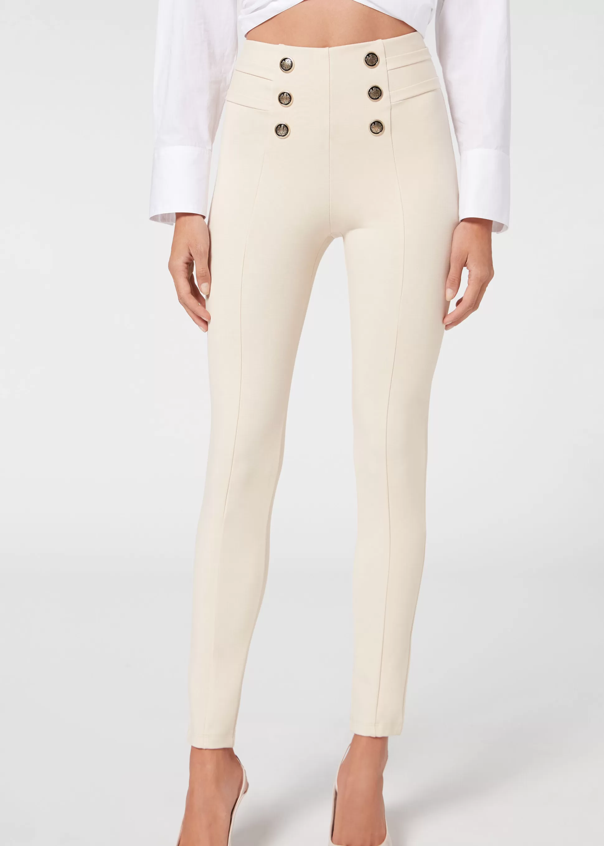 Pantalones | Leggings-Calzedonia Pantalón Sailor Efecto Shapping Con Detalle Botones Naturale