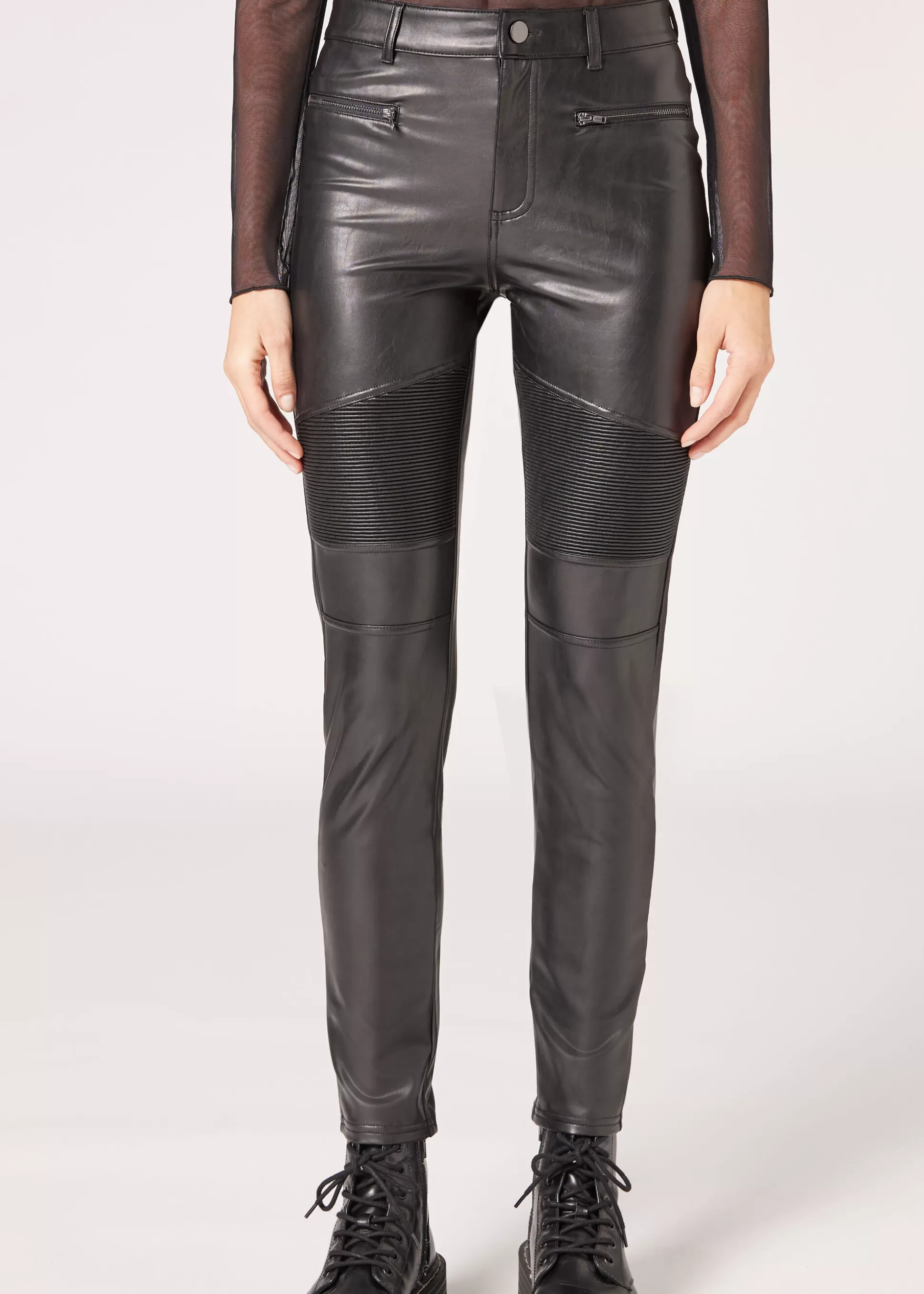 Pantalones-Calzedonia Pantalón Térmico Cuero Estilo Biker