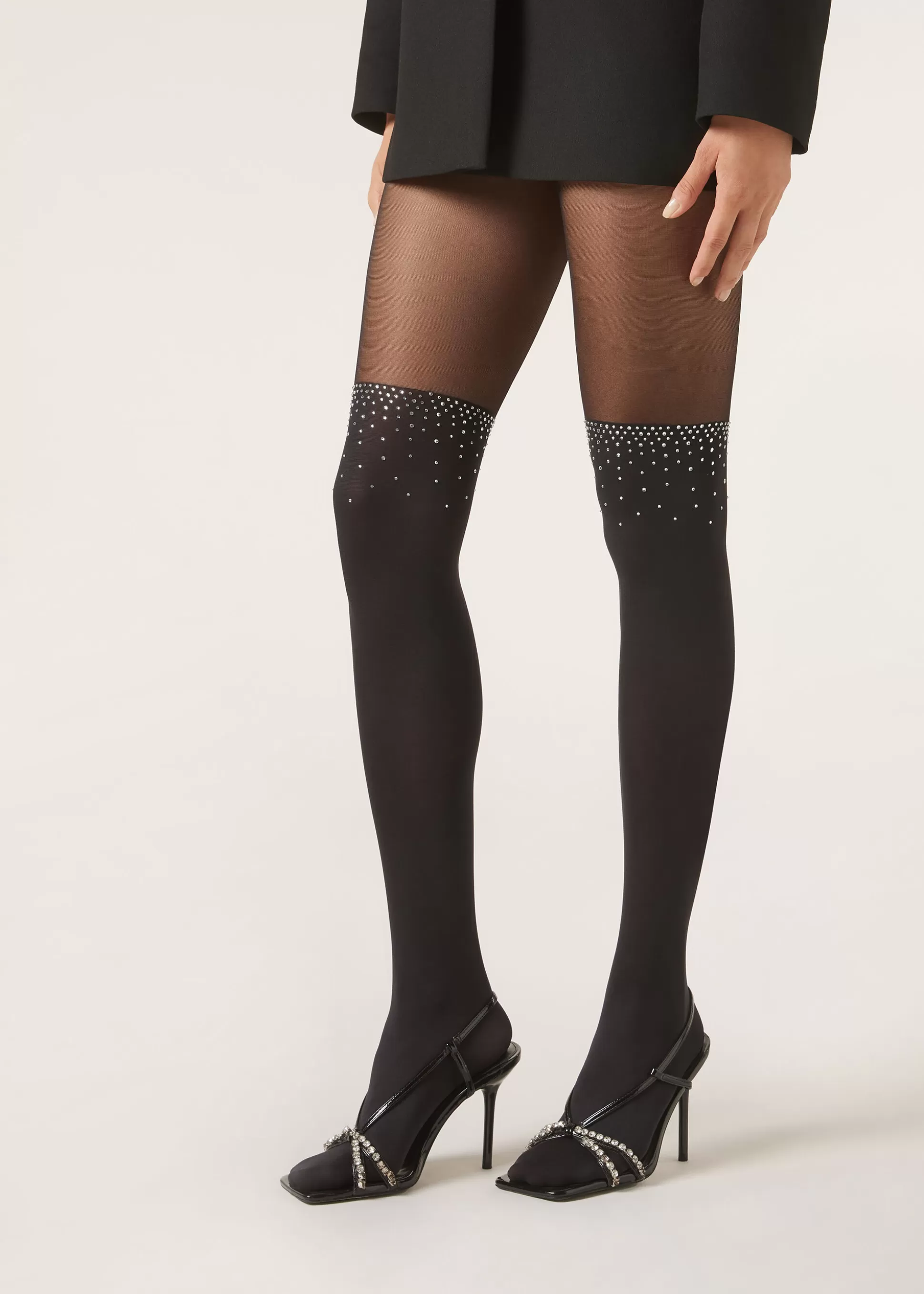 Pantis Estampados-Calzedonia Panty Efecto Calza Detalle Strass Negro