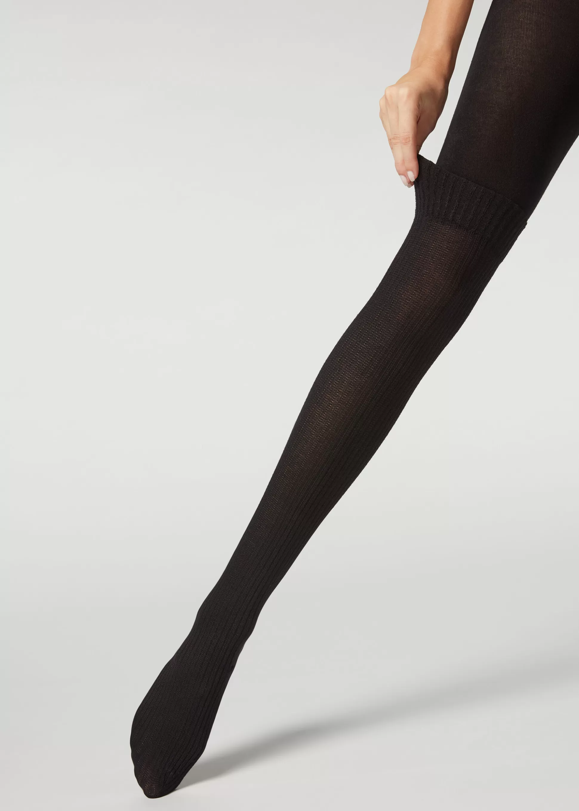 Pantis Estampados-Calzedonia Panty Tupido Cashmere Efecto Calza Canalé Negromididecanaléycashmere