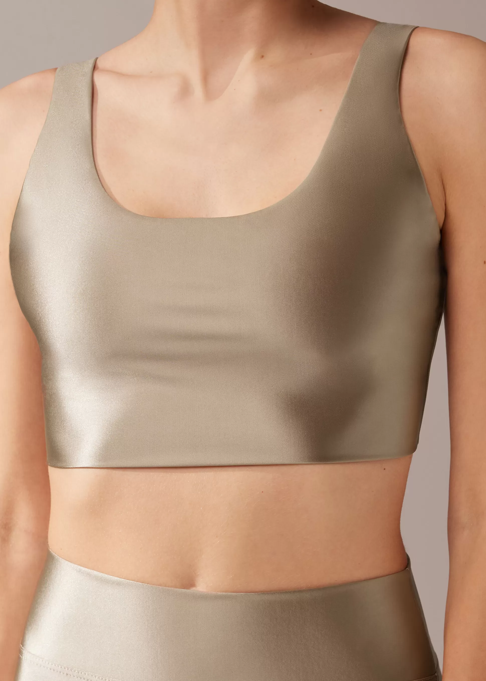 Tops Y Sudaderas Tops Y Sudaderas-Calzedonia Top  Sin Costuras Súper Brillante Platinosatinado